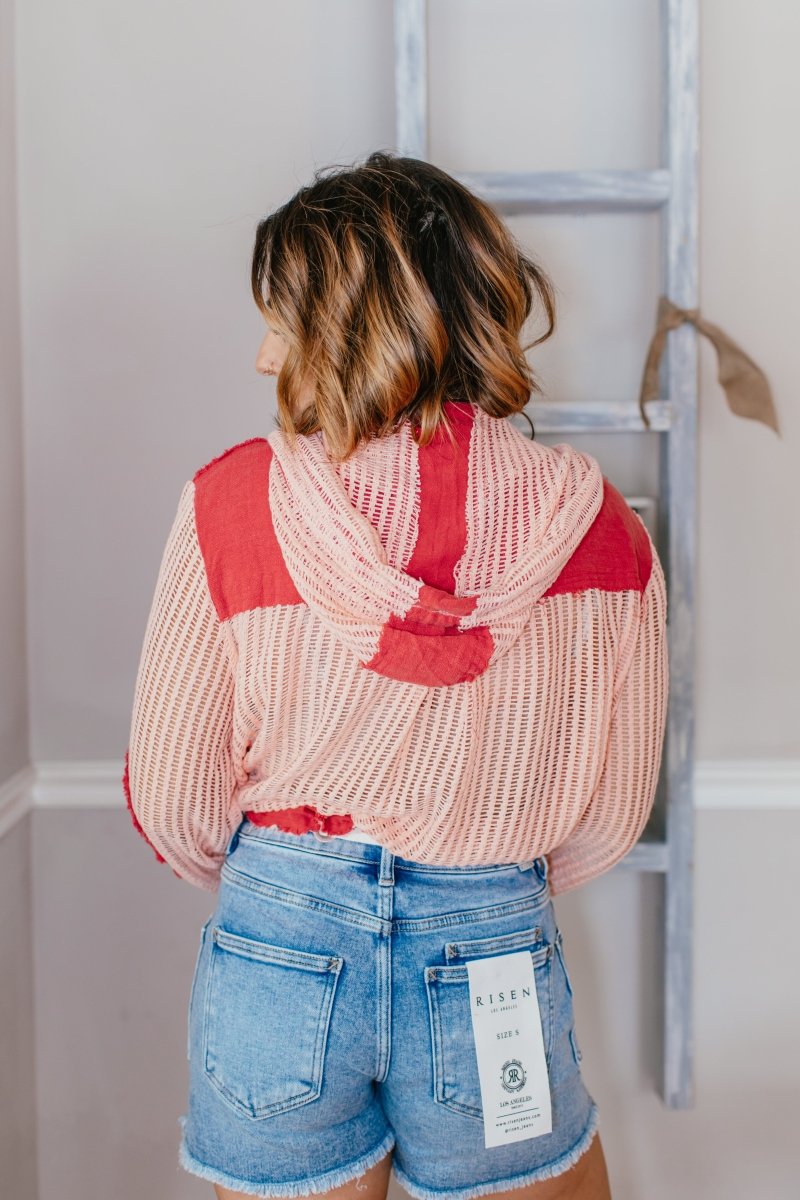 Open Knit Conversation Top In Blush Red Multi - Macoma Boutique120 Long Sleeve