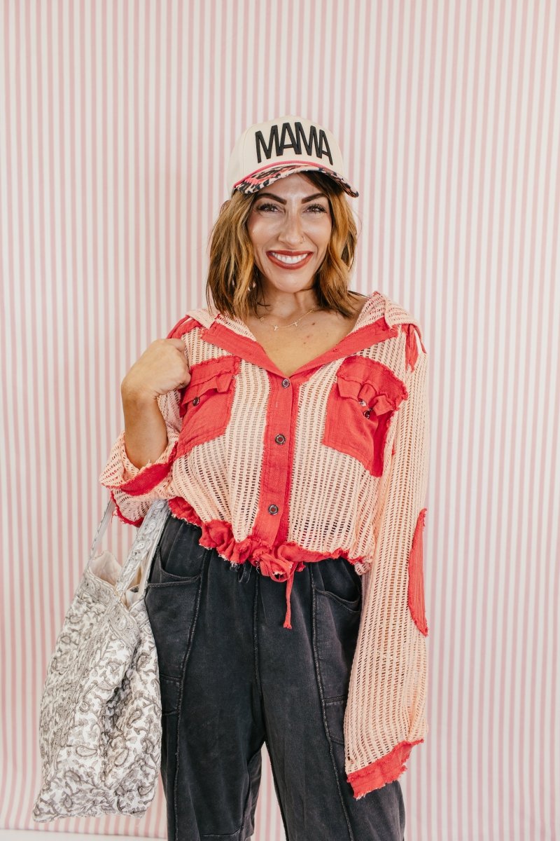 Open Knit Conversation Top In Blush Red Multi - Macoma Boutique120 Long Sleeve