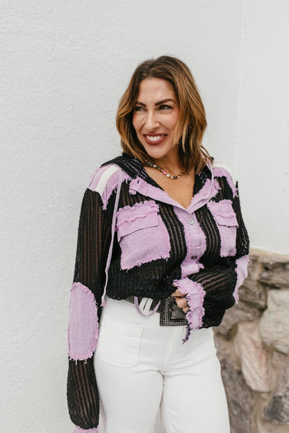 Open Knit Conversation Top In Indigo Purple Multi - Macoma Boutique120 Long Sleeve