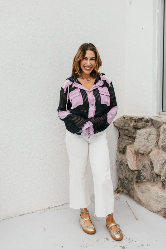 Open Knit Conversation Top In Indigo Purple Multi - Macoma Boutique120 Long Sleeve