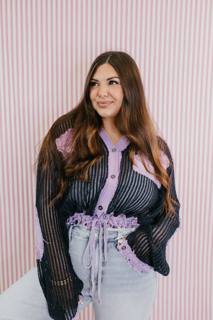 Open Knit Conversation Top In Indigo Purple Multi - Macoma Boutique120 Long Sleeve