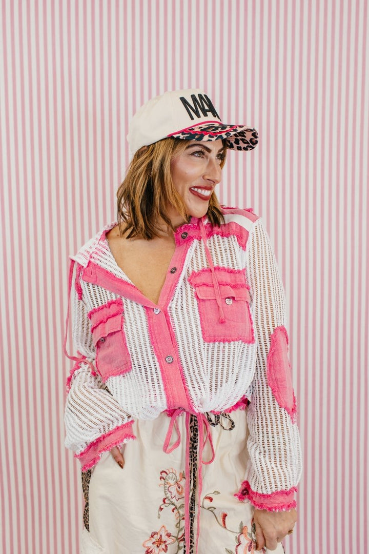 Open Knit Conversation Top In Pink Multi - Macoma Boutique120 Long Sleeve