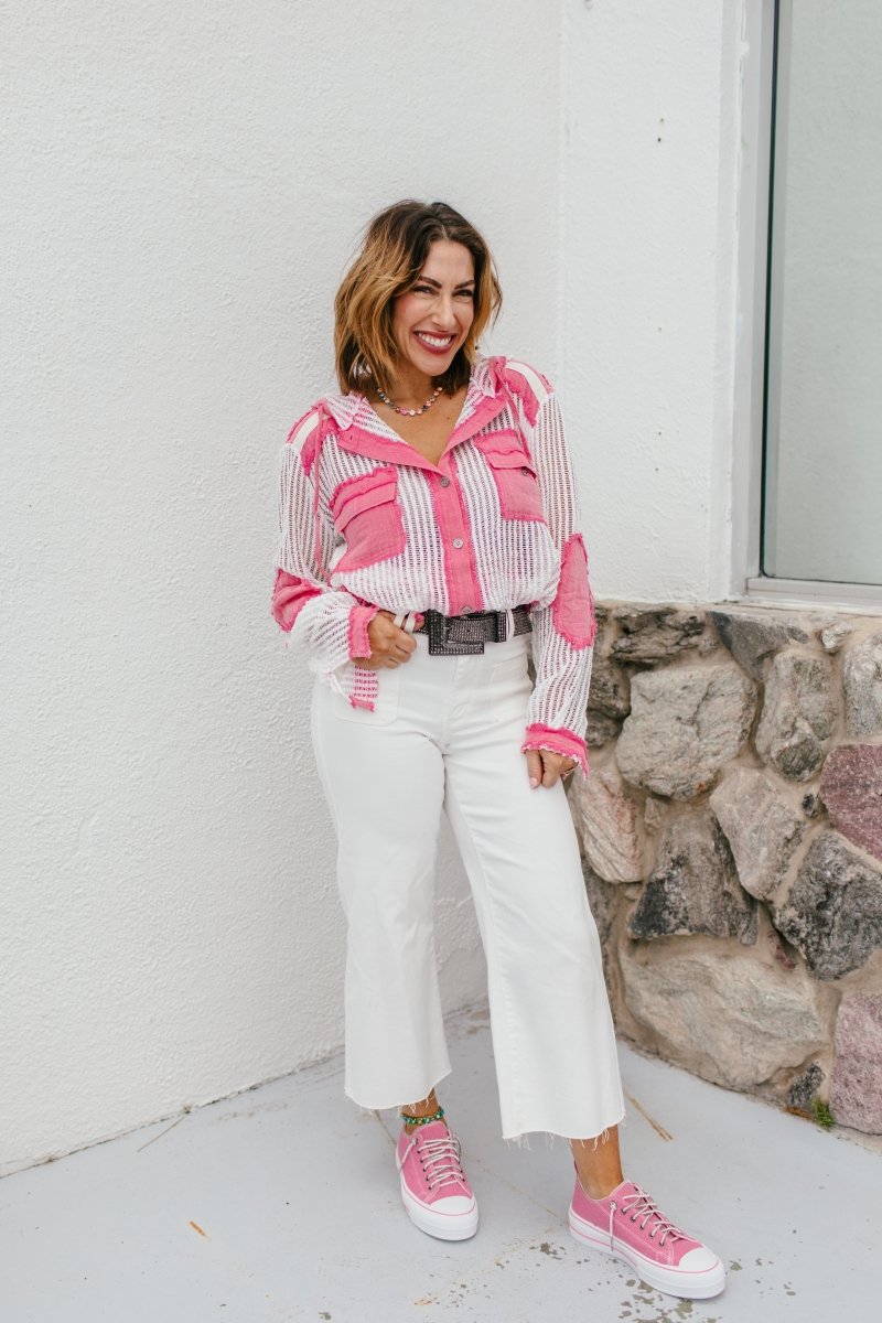 Open Knit Conversation Top In Pink Multi - Macoma Boutique120 Long Sleeve