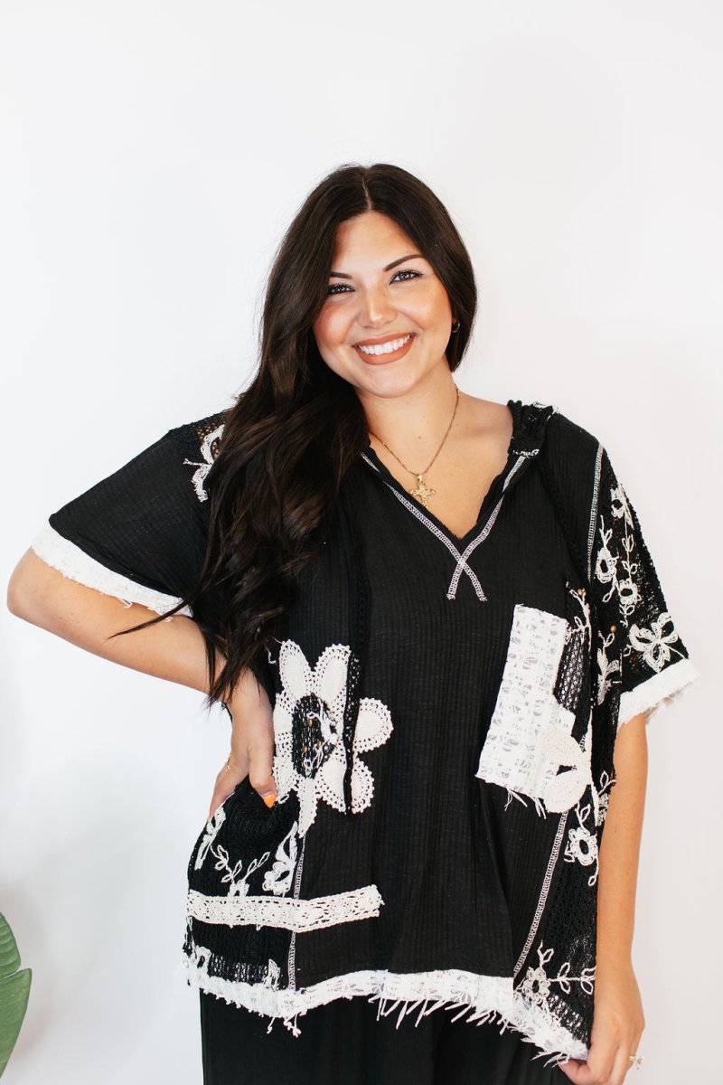 Patch It Up in Black Top - FINAL SALE - Macoma Boutique100 Short Sleeve