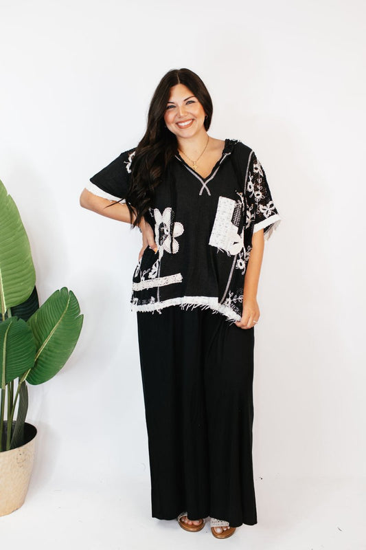 Patch It Up in Black Top - FINAL SALE - Macoma Boutique100 Short Sleeve