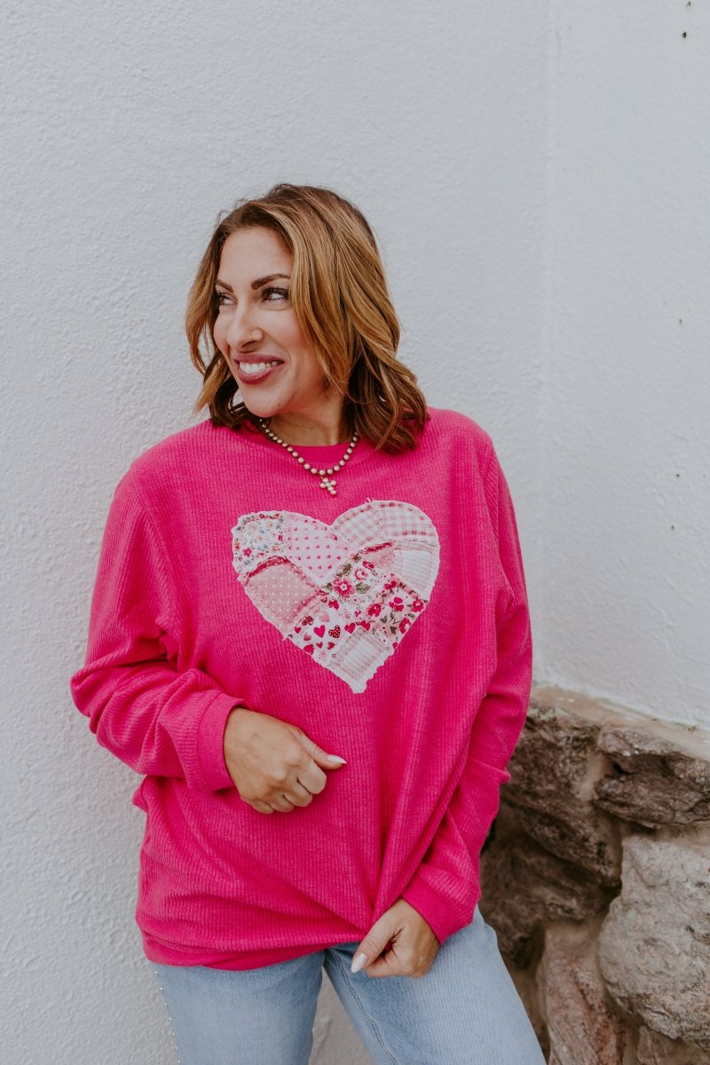 Patched Heart Corded Graphic Pullover - FINAL SALE - Macoma Boutique555 Presales