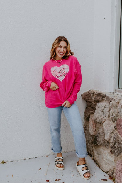 Patched Heart Corded Graphic Pullover - FINAL SALE - Macoma Boutique555 Presales