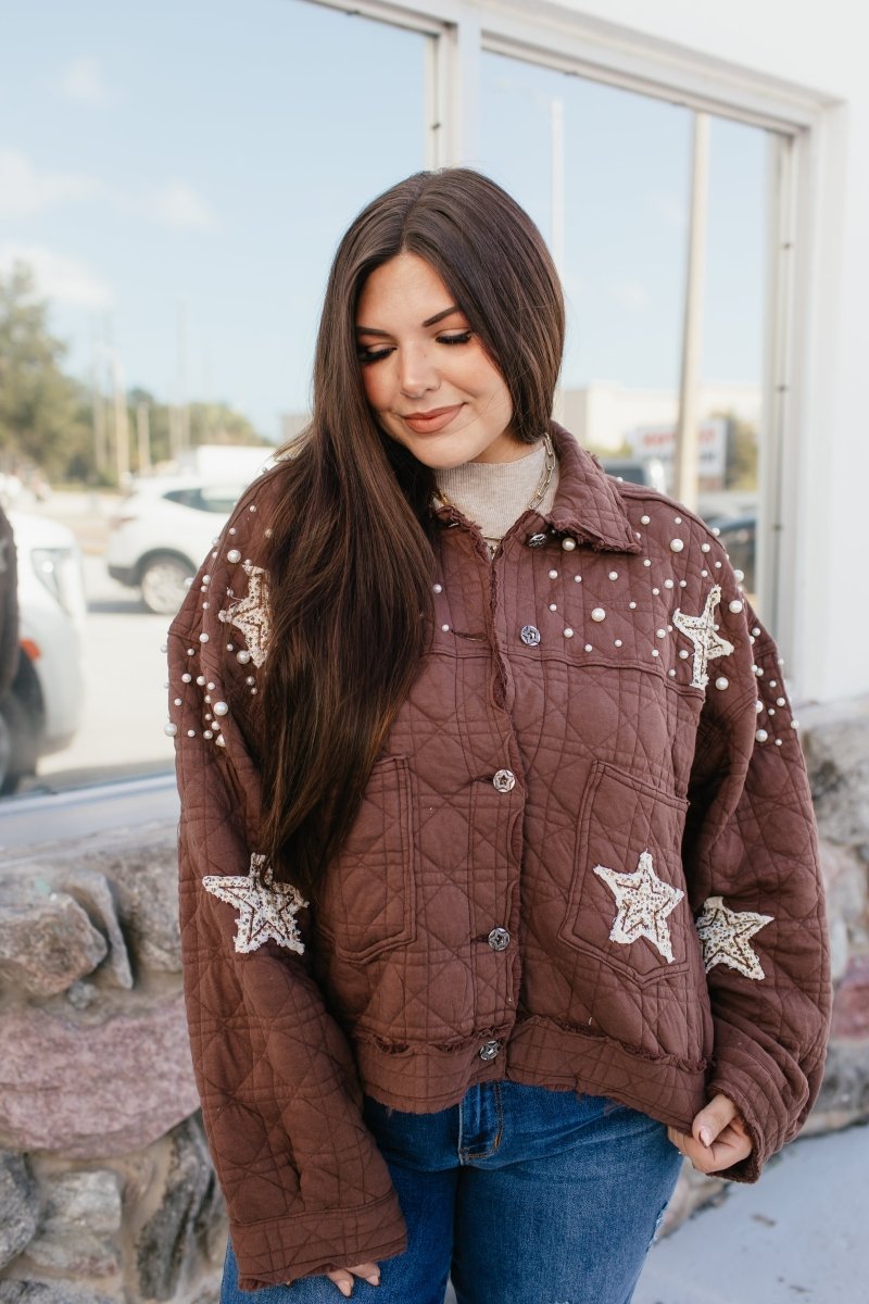 Pearls & Patches Jacket In Chocolate - Macoma Boutique240 Jackets/Blazers
