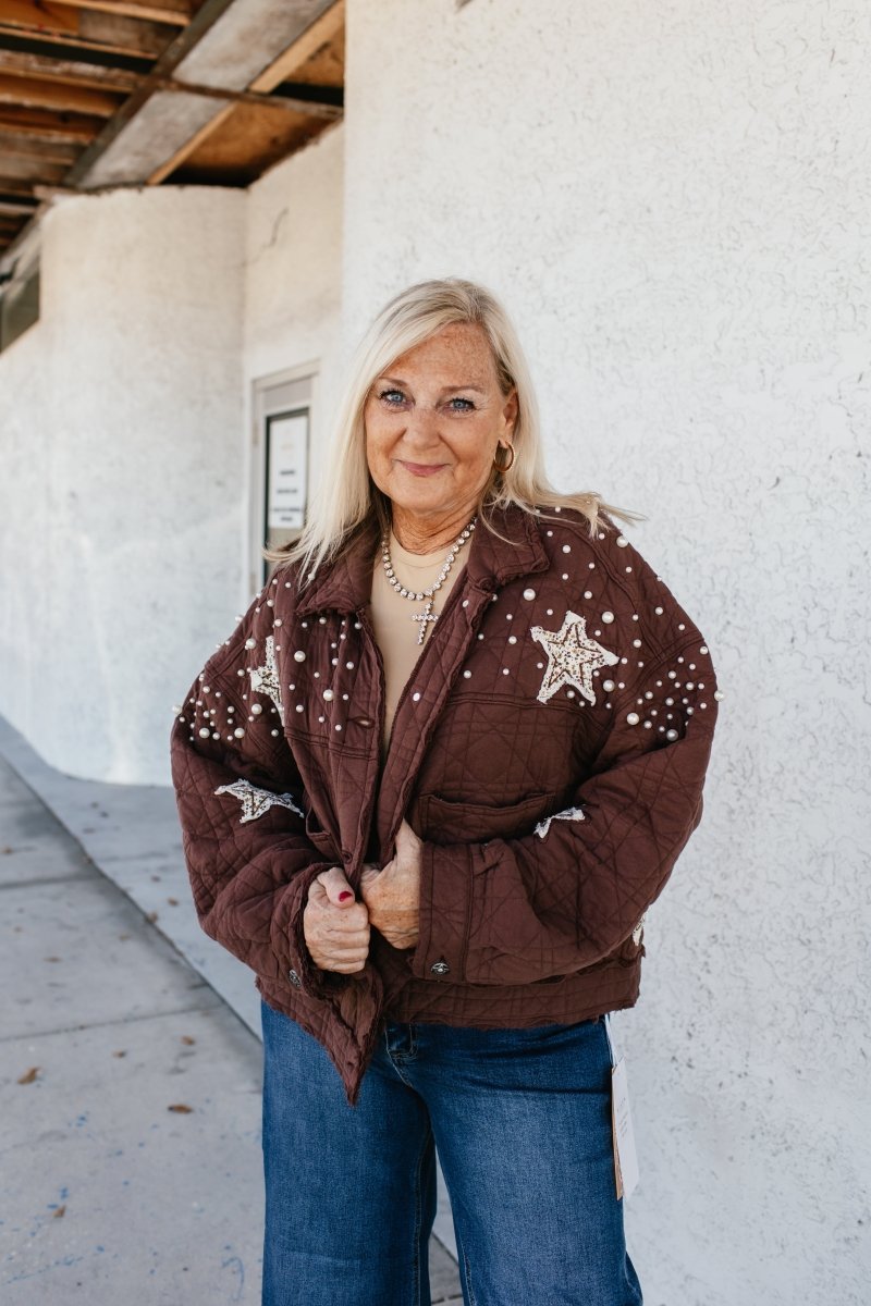 Pearls & Patches Jacket In Chocolate - Macoma Boutique240 Jackets/Blazers