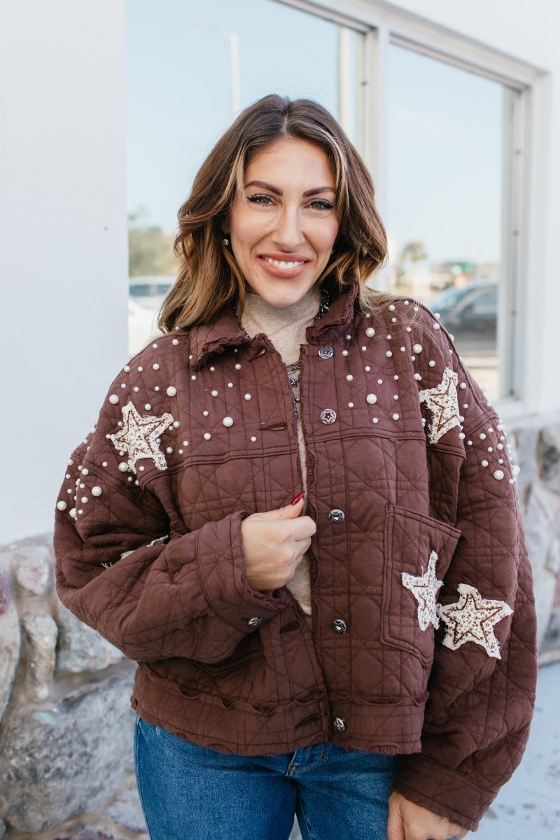 Pearls & Patches Jacket In Chocolate - Macoma Boutique240 Jackets/Blazers