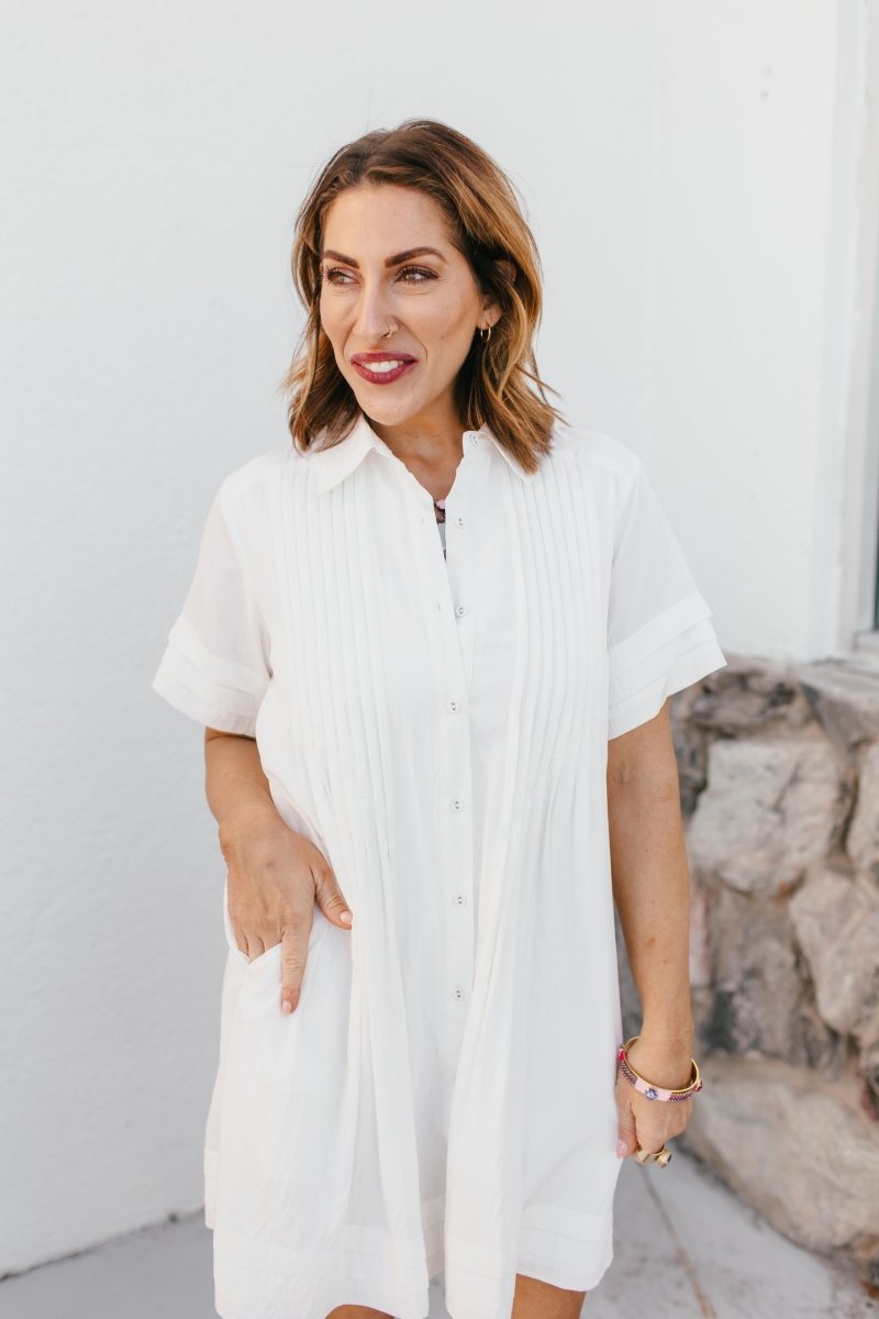 Polished Pleats Dress In Off White - Macoma Boutique250 Dresses