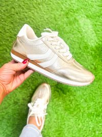 Presale: Corky's Gold Crinkle Metallic Kickoff Sneakers