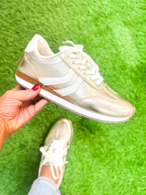 Presale: Corky's Gold Crinkle Metallic Kickoff Sneakers - Macoma Boutique301 Sneakers