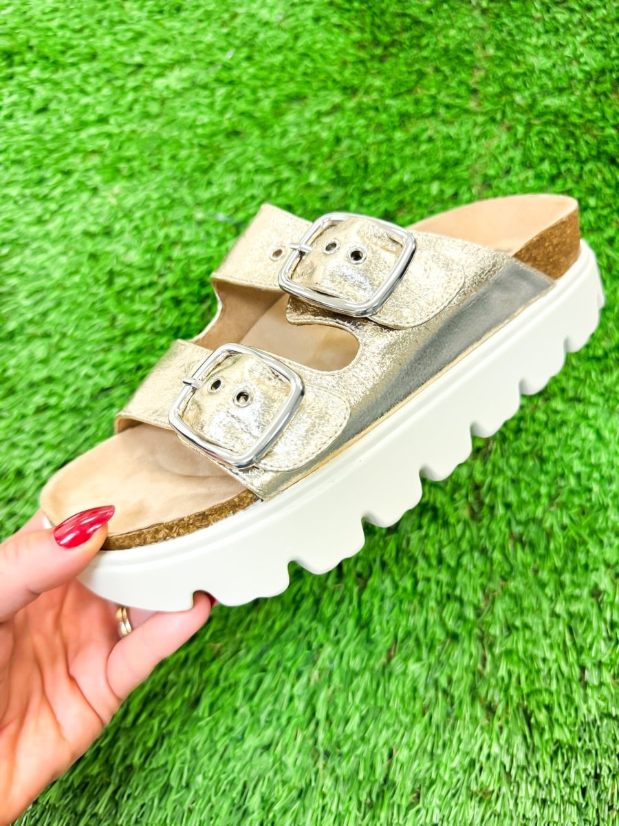 Presale: Corky's Gold Crinkle Metallic Rumor Has It Sandals