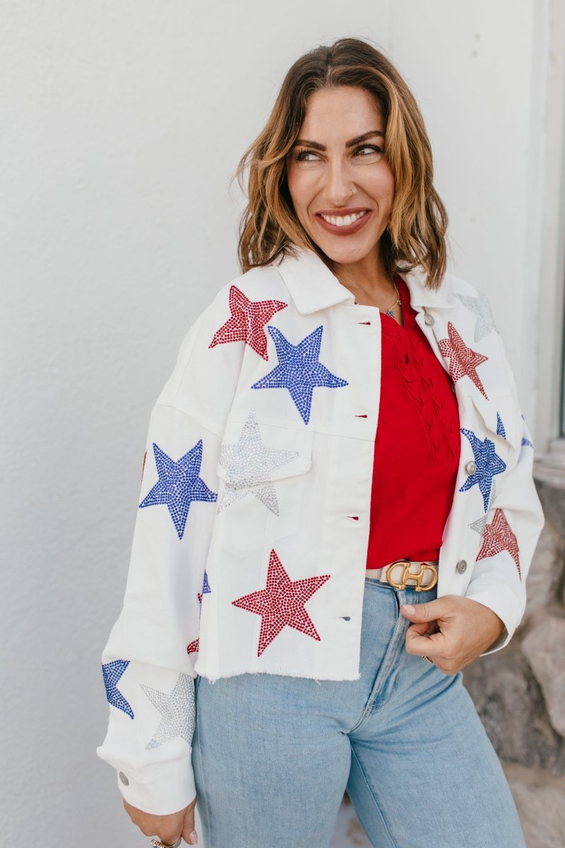 Red, White & Sparkle Denim Jacket - Macoma Boutique170 Denim