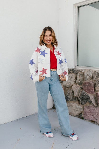 Red, White & Sparkle Denim Jacket - Macoma Boutique170 Denim