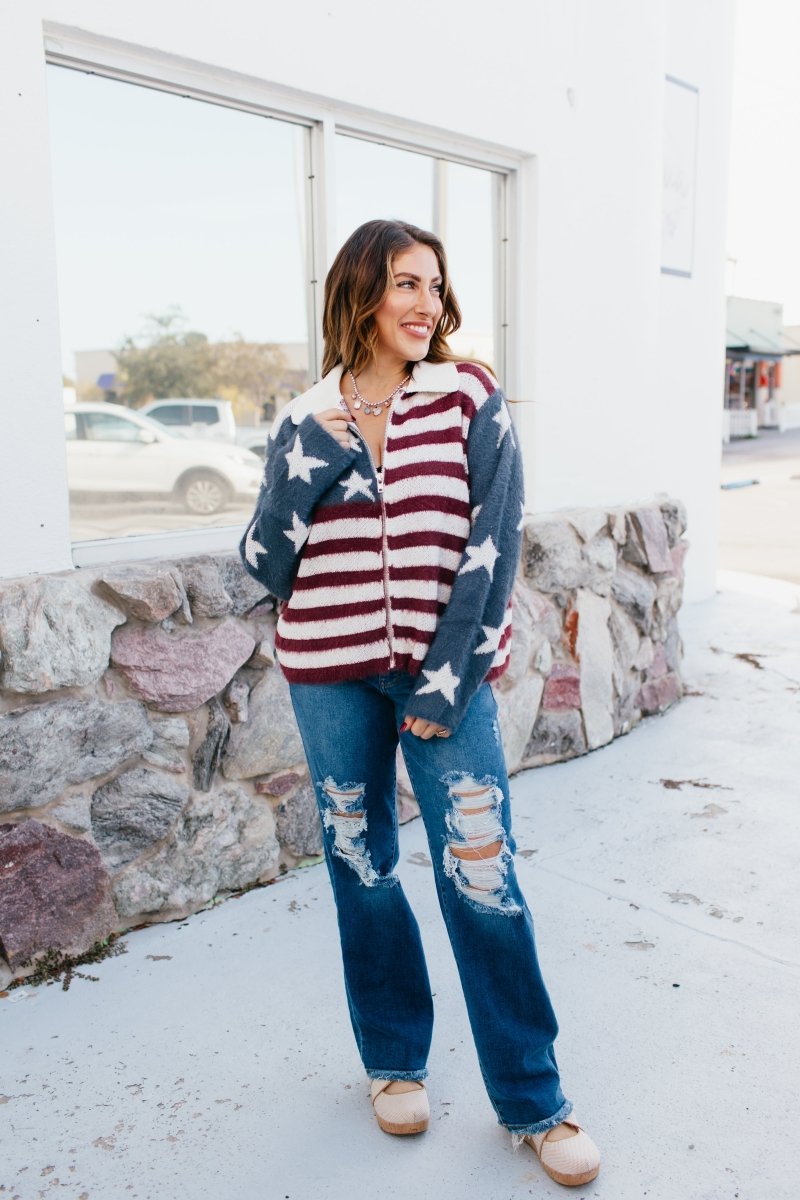 Red, White & Zip Sweater - Macoma Boutique130 Sweaters