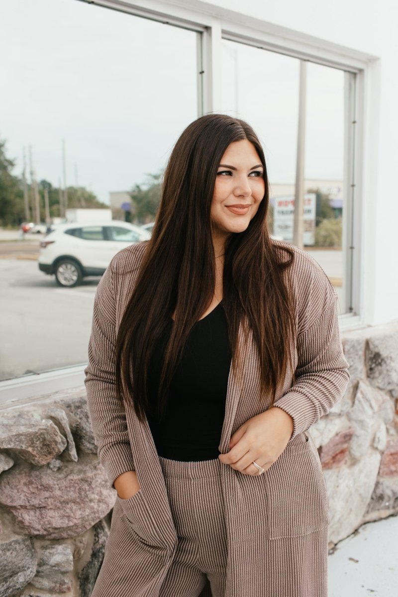 Ribbed & Ready Lounge Set In Oyster Grey - Reg & Curvy - Macoma Boutique290 Loungewear/Sets