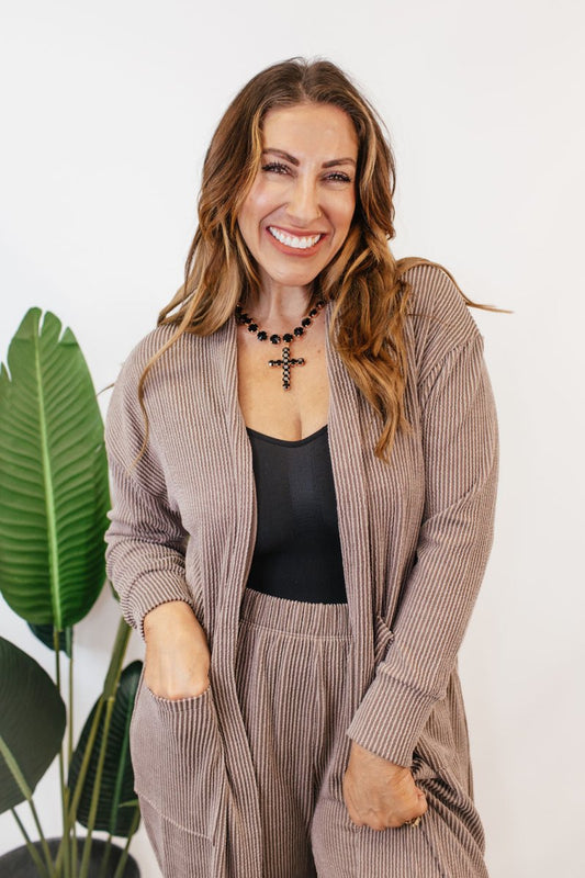 Ribbed & Ready Lounge Set In Oyster Grey - Reg & Curvy - Macoma Boutique290 Loungewear/Sets