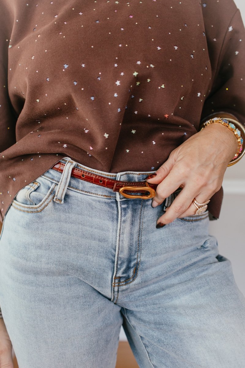 Skinny Croco - Embossed Belt With Thin Asymmetrical Buckle In Tan - Macoma Boutique310 Accessories/Jewelry