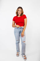 Somewhere Over The Red Bow Top - Reg/Curvy - Macoma Boutique100 Short Sleeve