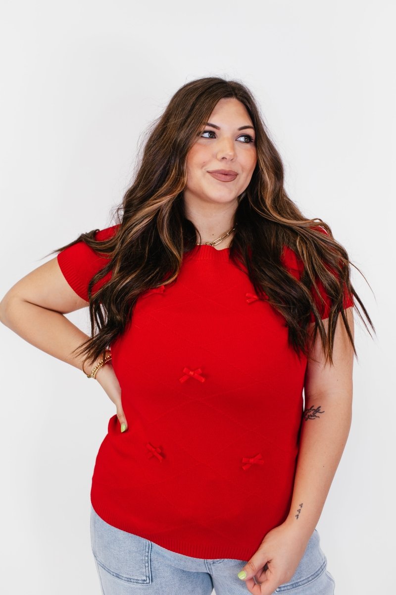 Somewhere Over The Red Bow Top - Reg/Curvy - Macoma Boutique100 Short Sleeve