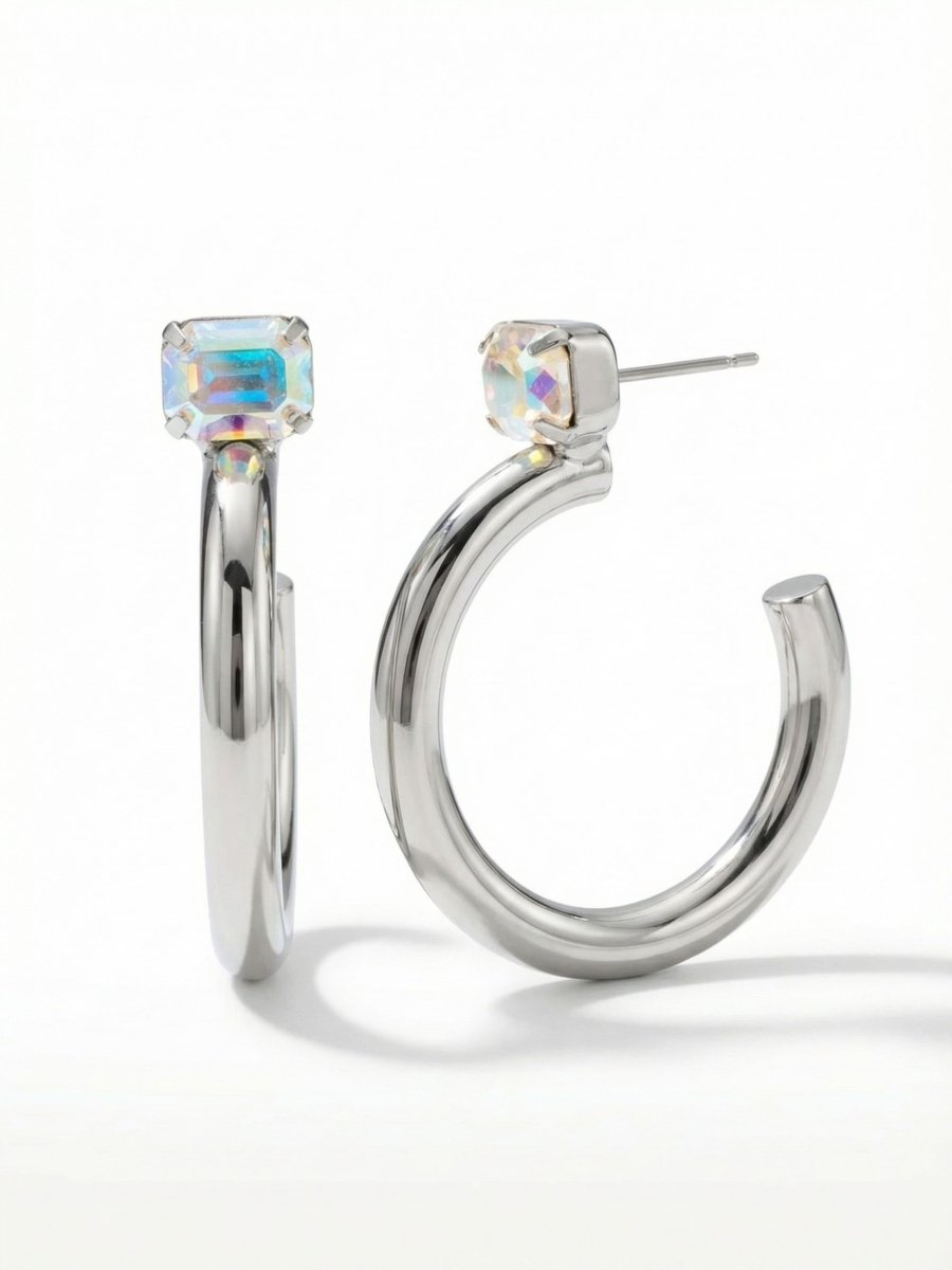 Sorrelli Crystal Aurora Borealis Keeley Emerald Cut Hoop Earrings - Macoma Boutique315 Jewelry