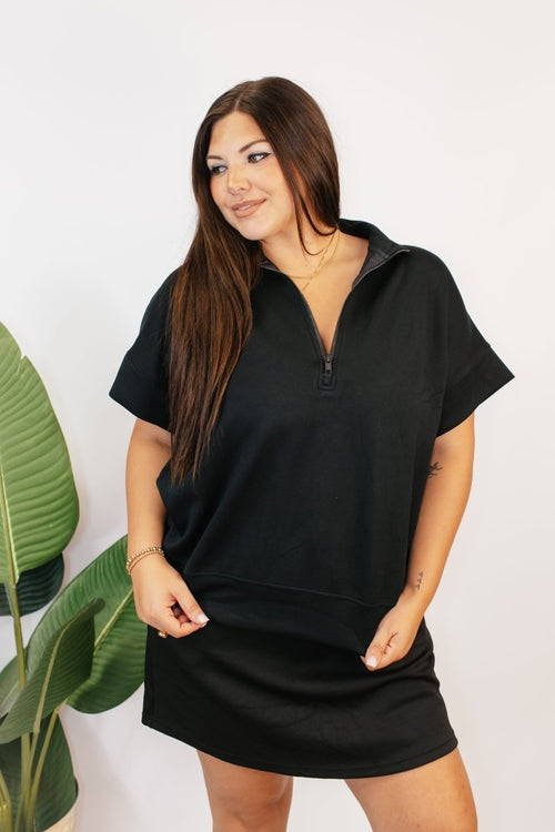 Street Sport Quarter Zip Top In Black - Reg & Curvy - Macoma Boutique100 Short Sleeve