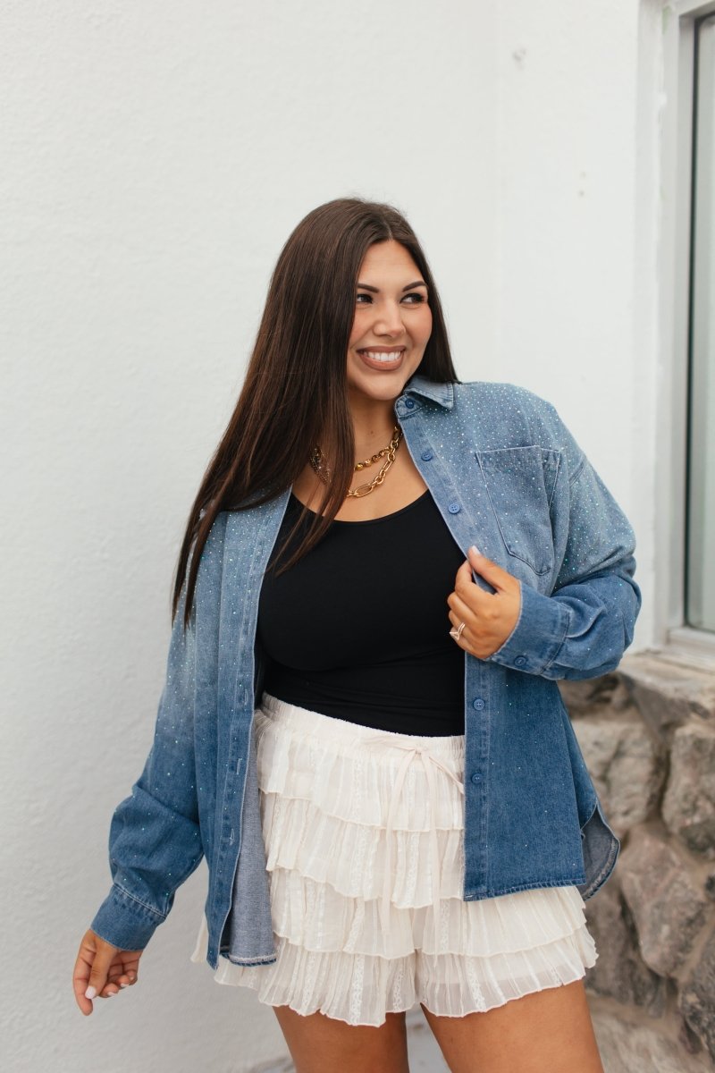 Subtle Sparkle Denim Shirt - Reg & Curvy - Macoma Boutique120 Long Sleeve