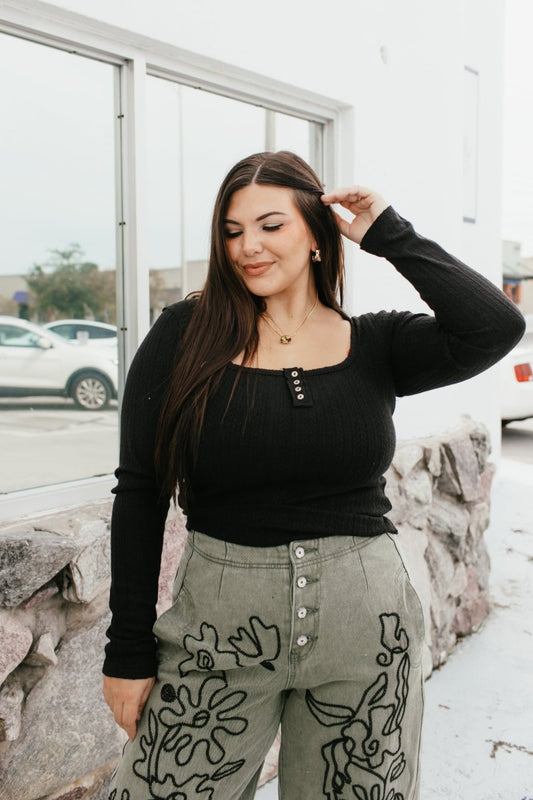 Sweetheart Henley Top In Black - Macoma Boutique120 Long Sleeve