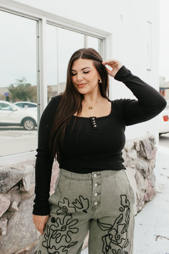 Sweetheart Henley Top In Black - Macoma Boutique120 Long Sleeve