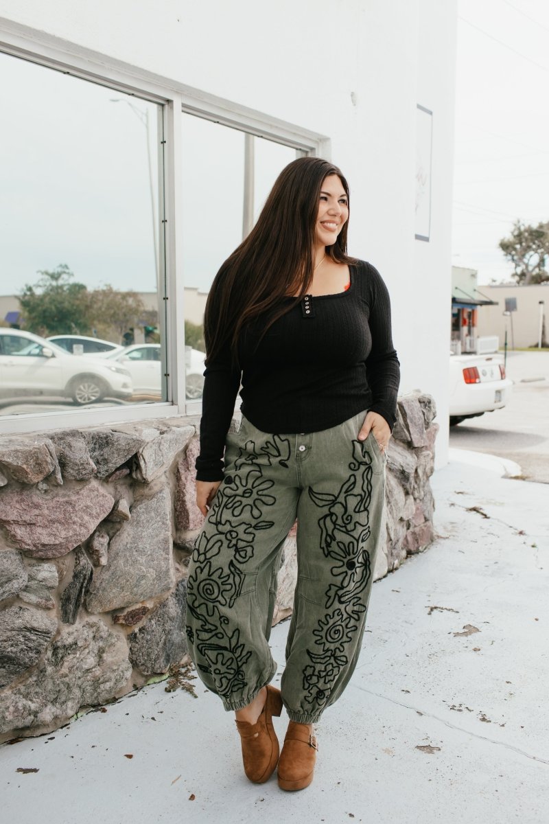 Sweetheart Henley Top In Black - Macoma Boutique120 Long Sleeve