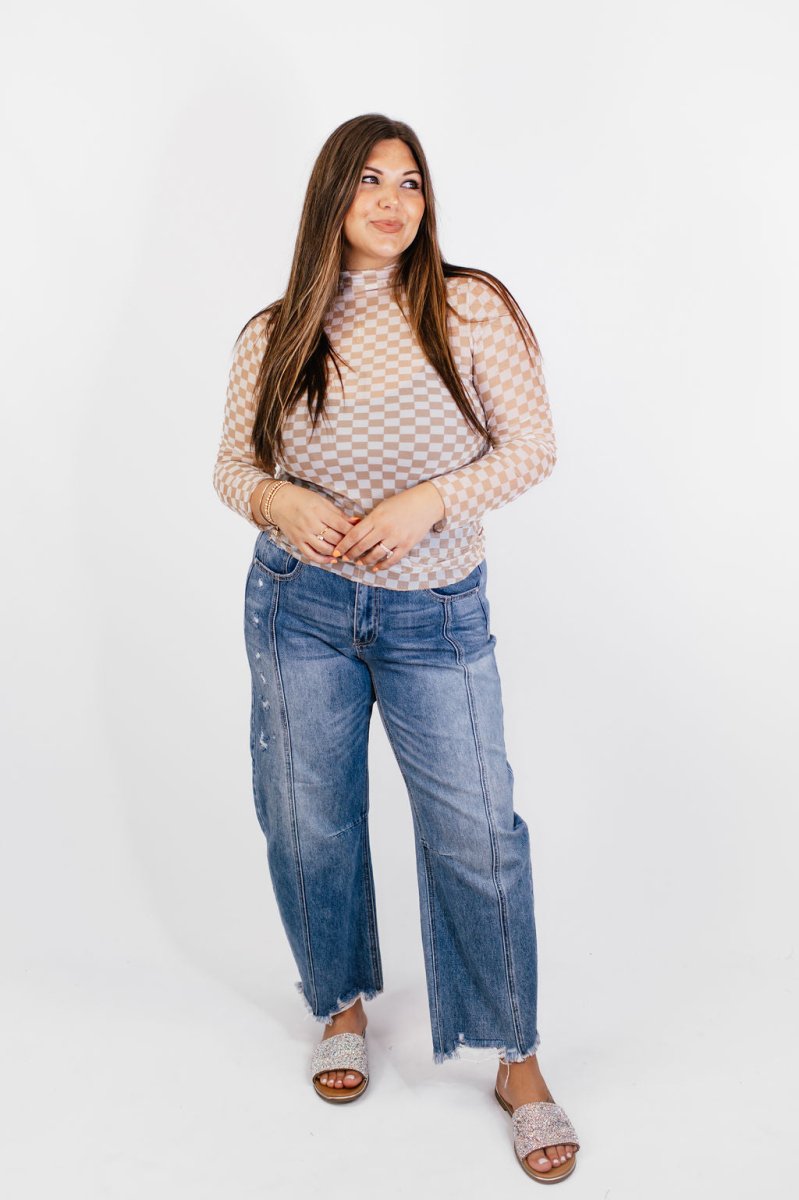 Taupe Checkerboard Top - Reg/Curvy- FINAL SALE