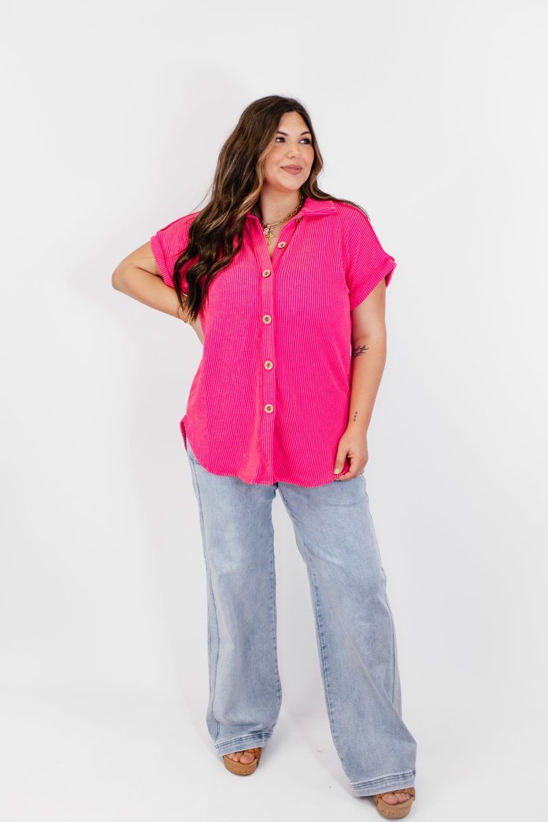 The Button Breeze Top in Hot Pink - Reg/Curvy - FINAL SALE - Macoma Boutique100 Short Sleeve
