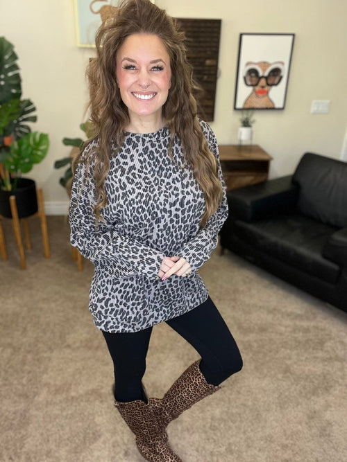 The Sierra Pullover in Greyscale Cheetah - Reg & Curvy - Macoma Boutique130 Sweaters
