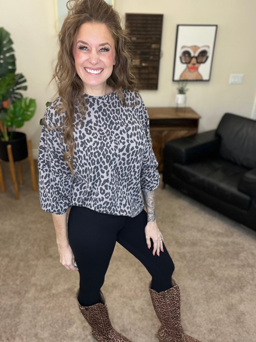 The Sierra Pullover in Greyscale Cheetah - Reg & Curvy - Macoma Boutique130 Sweaters