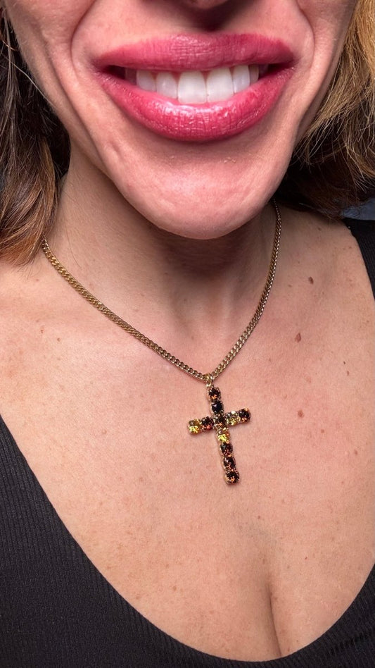 Tova Cross Necklace In Antique Gold Chocolate Topaz Mix - Macoma Boutique310 Accessories/Jewelry
