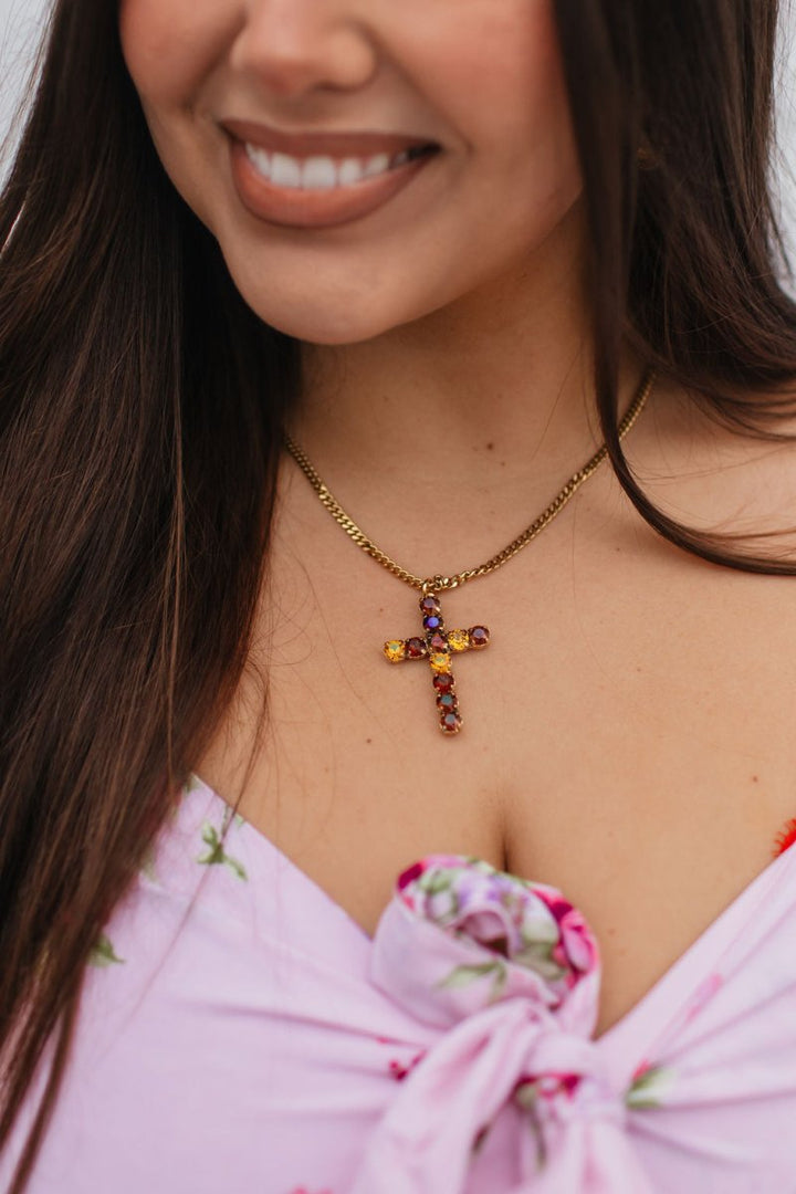 Tova Cross Necklace In Antique Gold Chocolate Topaz Mix - Macoma Boutique310 Accessories/Jewelry