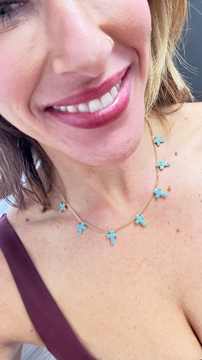 Tova Multi Cross Necklace In Antique Gold/turquoise - Macoma Boutique310 Accessories/Jewelry