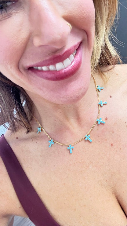 Tova Multi Cross Necklace In Antique Gold/turquoise - Macoma Boutique310 Accessories/Jewelry