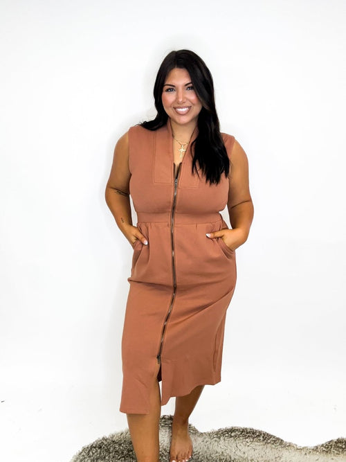Urban Zip Midi Dress in Clay - FINAL SALE - Macoma Boutique250 Dresses