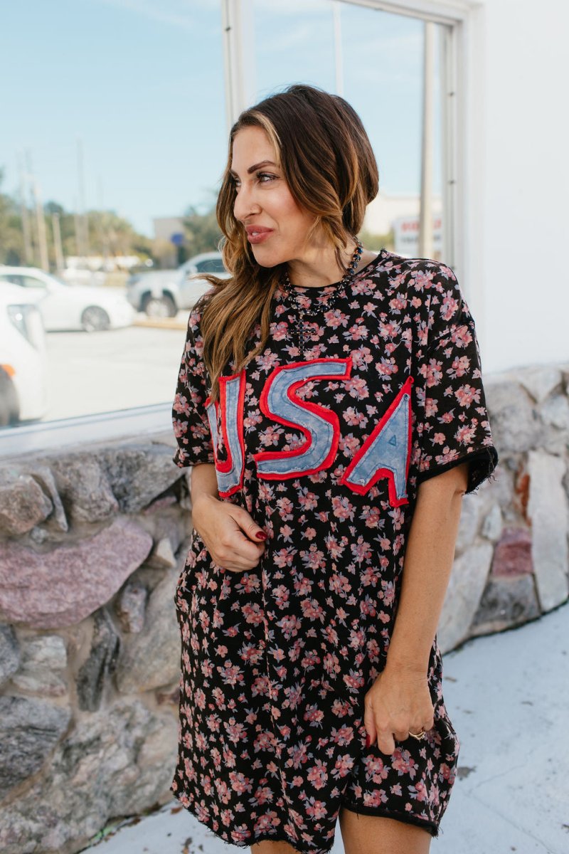 USA Floral Tee Dress - Macoma Boutique250 Dresses