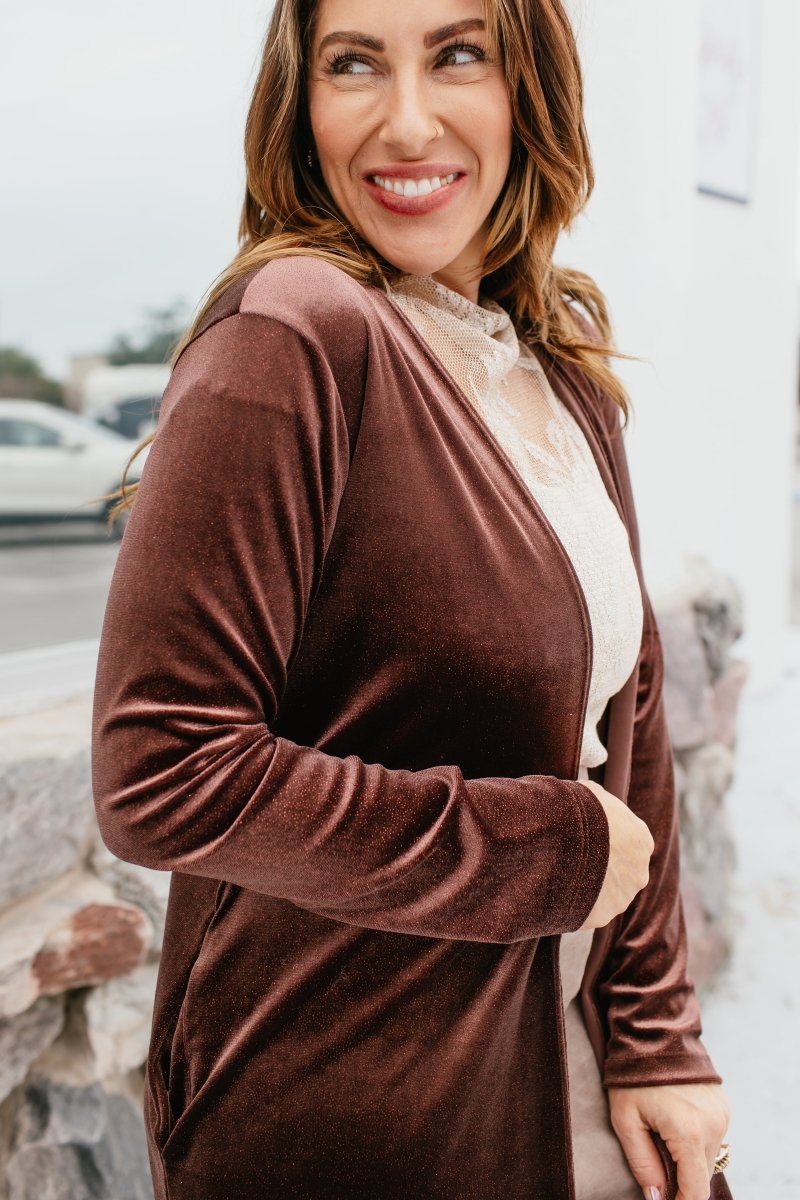 Velvet Crush Duster In Brown - Reg & Curvy - Macoma Boutique220 Cardigans/Kimonos