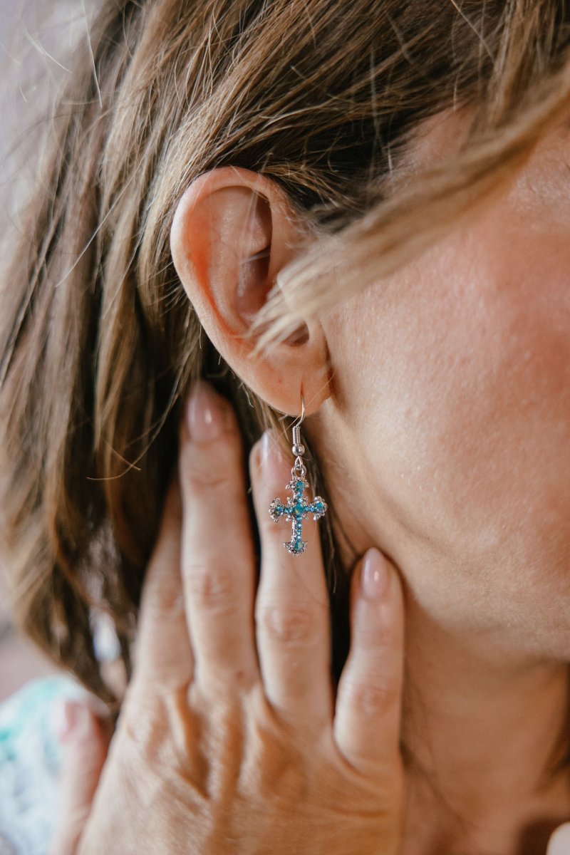 Vintage Cross Earrings In Silver Aqua - Macoma Boutique310 Accessories/Jewelry