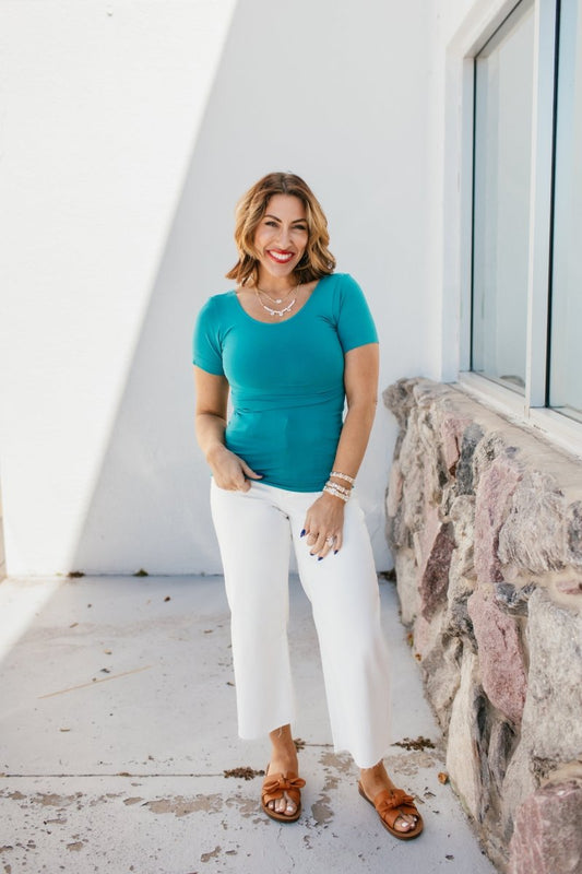 What's The Scoop Seamless Top In Verdigris - Reg & Curvy - Macoma Boutique100 Short Sleeve