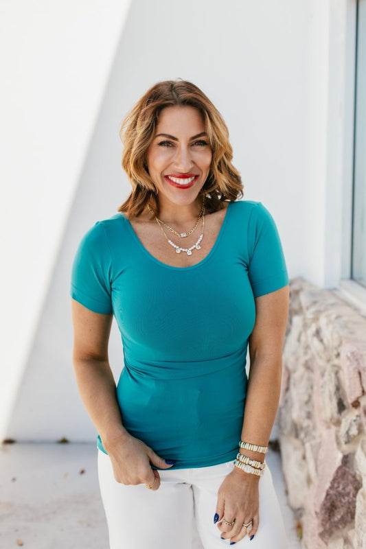 What's The Scoop Seamless Top In Verdigris - Reg & Curvy - Macoma Boutique100 Short Sleeve