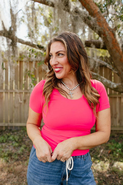 What's The Scoop Top In Flamingo Pink - Macoma Boutique100 Short Sleeve