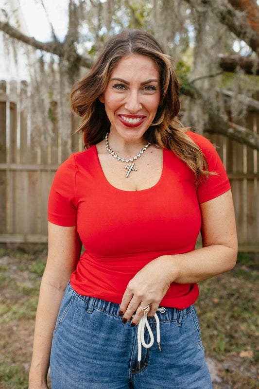 What's The Scoop Top In Red - Macoma Boutique100 Short Sleeve