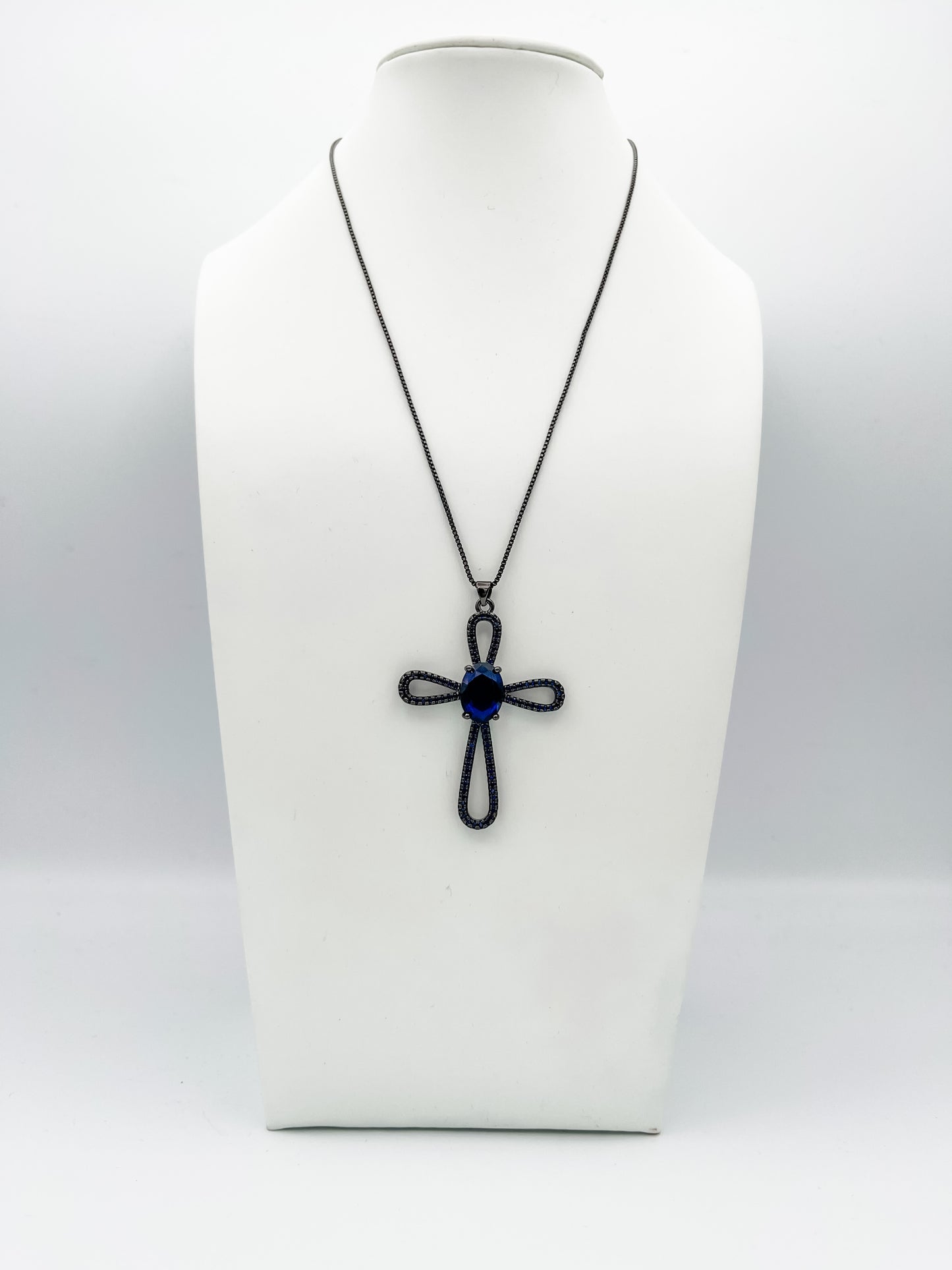 Navy Gunmetal Cross Pendant Necklace