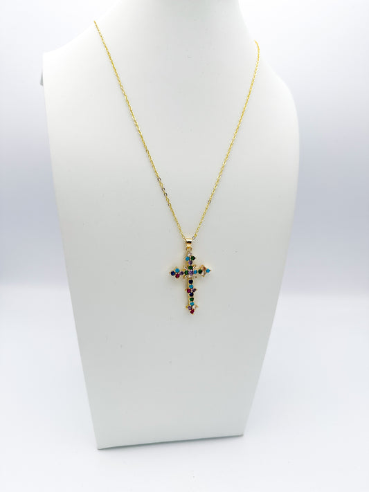 Gold Multicolor Crystal Cross Necklace